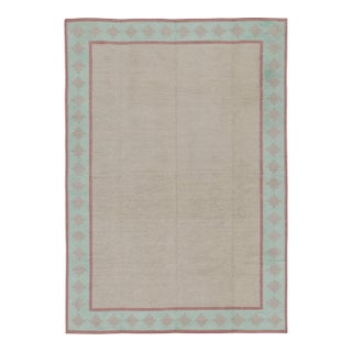 Rug & Kilim’s Contemporary Dhurrie Rug in Beige With Teal and Rose Border For Sale