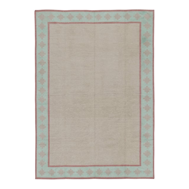 Rug & Kilim’s Contemporary Dhurrie Rug in Beige With Teal and Rose Border For Sale
