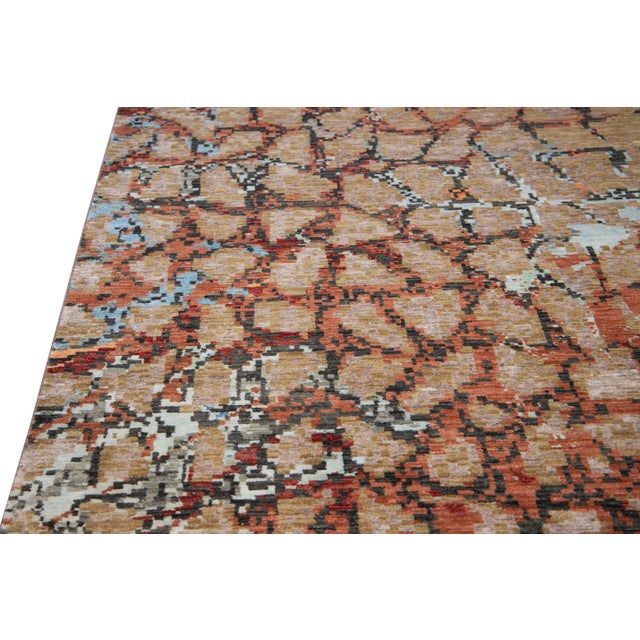 Modern Orange and Gray Handmade Geometric Abstract Wool and Silk Rug For Sale - Image 9 of 10