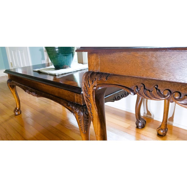 English Vintage Lane Furniture Co. Chippendale Style Carved Mahogany Coffee Table & Matching Side Table - 2 Piece Set For Sale - Image 3 of 15