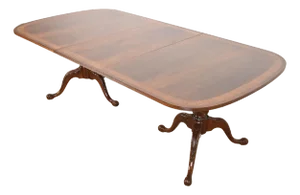 Drexel Heritage Georgian Banded Flame Mahogany Double Pedestal Extension Dining Table, Newly Refinished