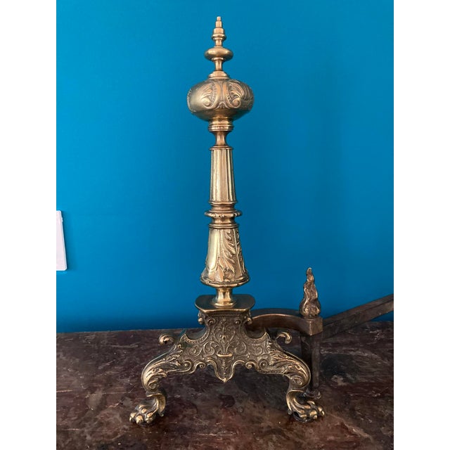 Early 20th Century Antique Pair French Neoclassical Brass Andirons — Fluted Column, Lion Paw Feet For Sale - Image 5 of 12