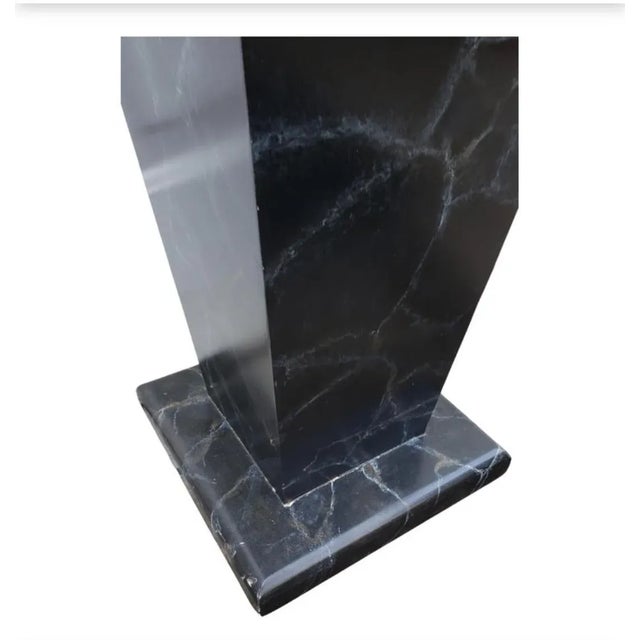 Faux Marble Painted Wooden Pedestal, Circa 1970s. Realistic black marble veines. Very good condition. Measures 11"W x 11"D...