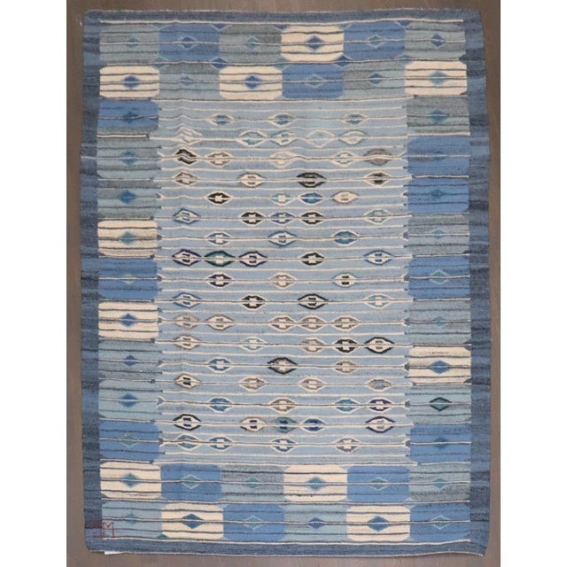 Vintage Zabihi Collection Abstract Blue Swedish Kilim - 4'10" x 6' For Sale In New York - Image 6 of 12