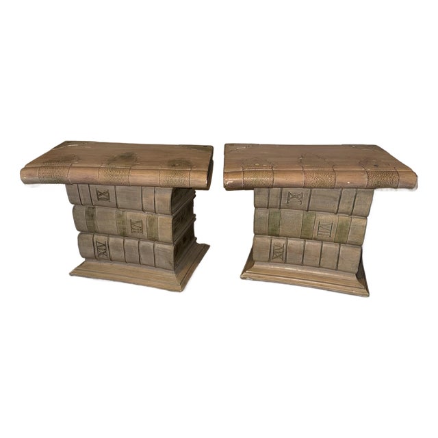 1980s Postmodern Polychrome Plaster Stacked Book Side Tables - A Pair For Sale