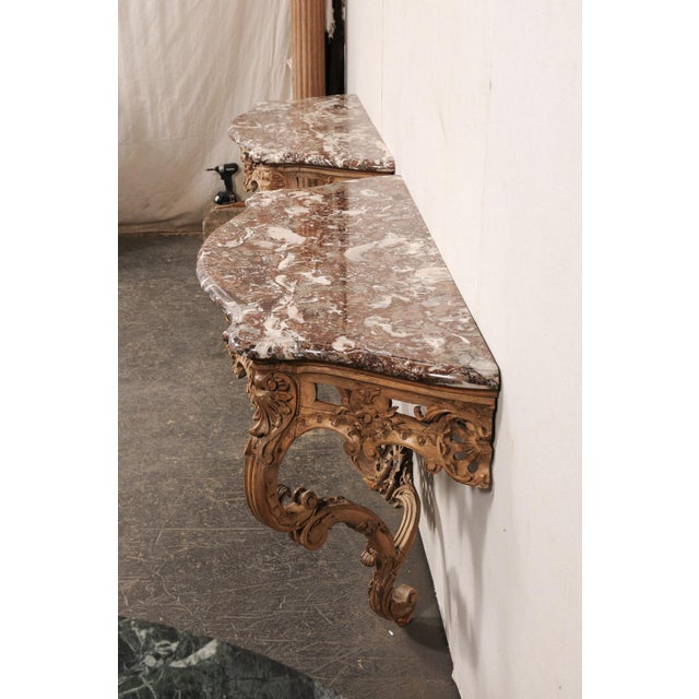 Early 19th Century French Rocaille Carved Marble Top Consoles For Sale - Image 9 of 13