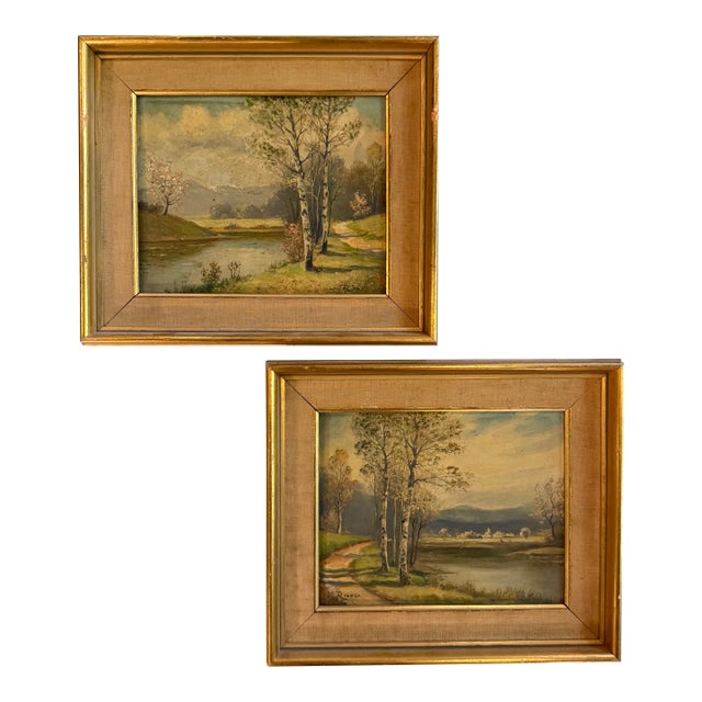 Pair of Petite Mid-Century Birch Trees & River Landscape Paintings For Sale
