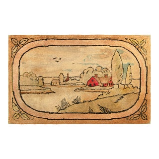 Antique Framed Hooked Rug, Country Landscape Pictorial in Beige - Rug & Kilim For Sale