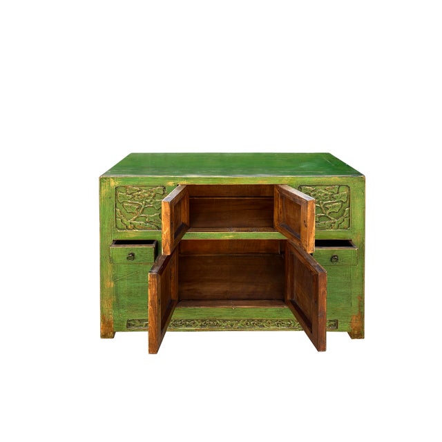 Abstract Oriental Distressed Lime Green Floral Carving Credenza Storage Cabinet For Sale - Image 3 of 5