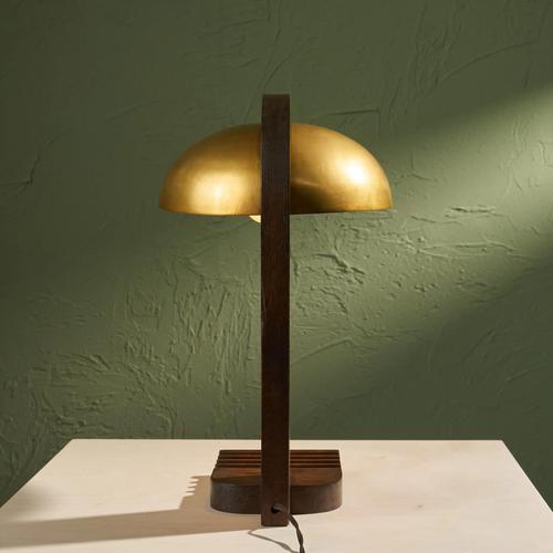 Modern Modernist Table Lamp with Oak Base and Brass Shade, France For Sale - Image 3 of 9