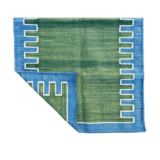 Handmade Cotton Forest Green & Blue Zig Zag Striped Runner Rug, Dhurrie Runner -3'x8' For Sale - Image 10 of 10