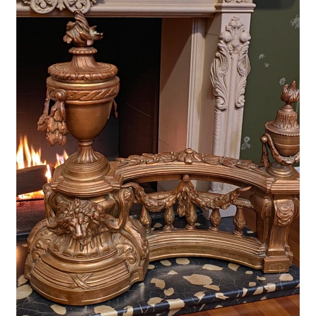 French Antique French Louis XV Pair Gilt Bronze Lion Fireplace Decorative Chenets / Andirons For Sale - Image 3 of 9