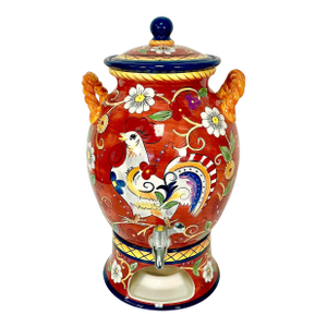1980s Vintage Italian Style Boho Chic Chicken Motif Beverage Dispenser - 3 Piece Set.