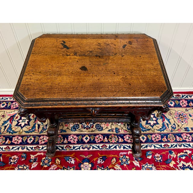 Antique French Dolphin Table Desk Renaissance Revival Petite Drawer Oak c.1890s For Sale In Dallas - Image 6 of 12