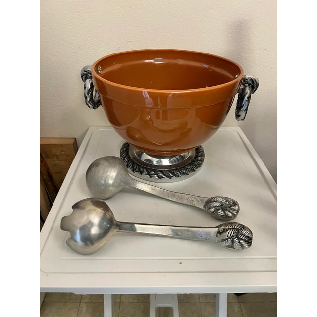 Late 20th Century Ceramic & Pewter Footed Serving Bowl Set With Silver Accents - 3 Pieces For Sale - Image 5 of 11