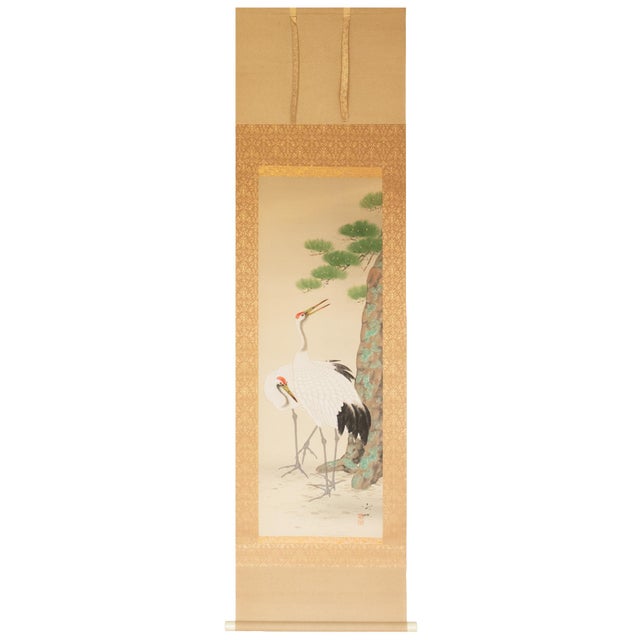 Taisho to Showa Era Japanese Silk Scroll Painting "Two Cranes and a Pine Tree" For Sale - Image 18 of 18