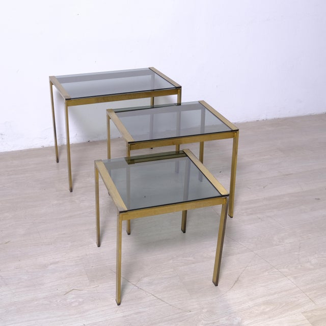 Nesting Coffee Tables in Glass and Brass, Italy, 1970s, Set of 3 For Sale - Image 12 of 18