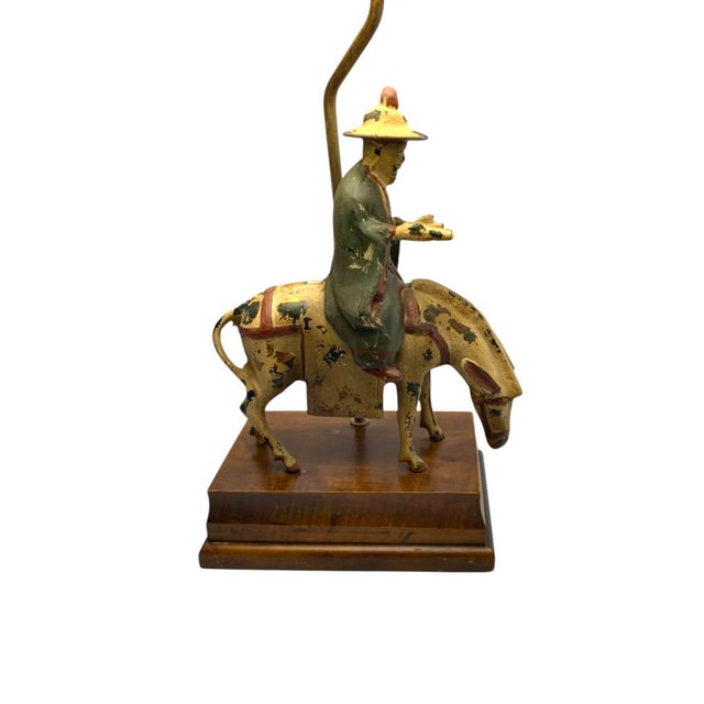 Brown Mid 20th Century Lamp Chinese Scholar on Horse Metal and Wood Old Vintage Oriental Decor For Sale - Image 8 of 12