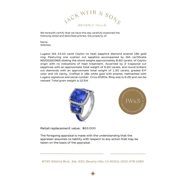 Blue Lugano Gia 14.10 Carat Ceylon No Heat Sapphire Diamond Enamel 18k Gold Ring, Size 6.25 For Sale - Image 8 of 8