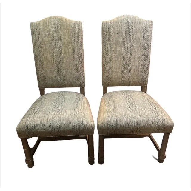 Mid-Century Modern Early 20th Century Pair of Ethan Allen Upholstered Dining Chairs in Neutral Woven Fabric (Nice) For Sale - Image 3 of 8