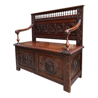 Petite Antique French Carved Oak Hall Bench Breton Brittany Pew Chest Trunk For Sale