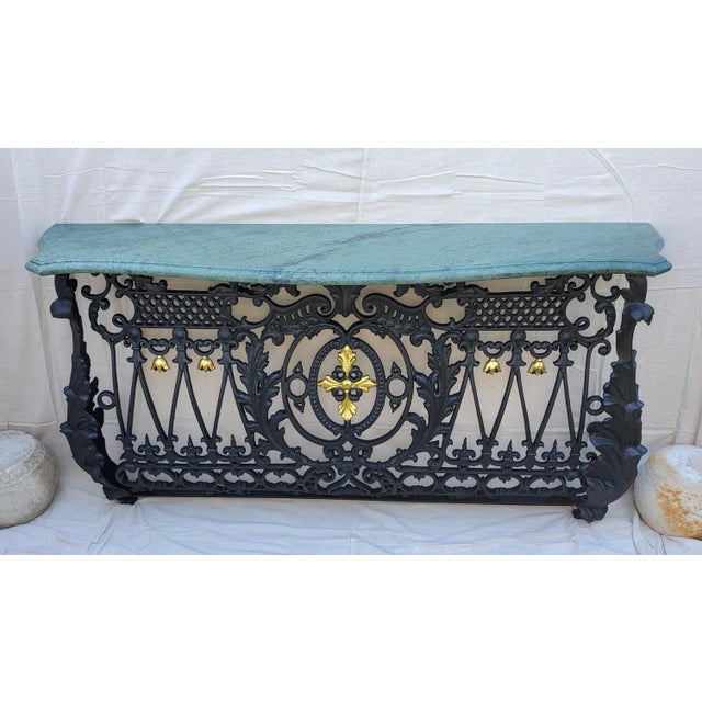 Antique 19th Century French Cast Iron Balcony Console Table with Marble Top. This large French 19th-century baroque...