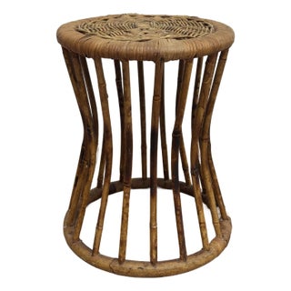 Vintage Scorched Bamboo Woven Wicker Top Stool or Plant Stand For Sale