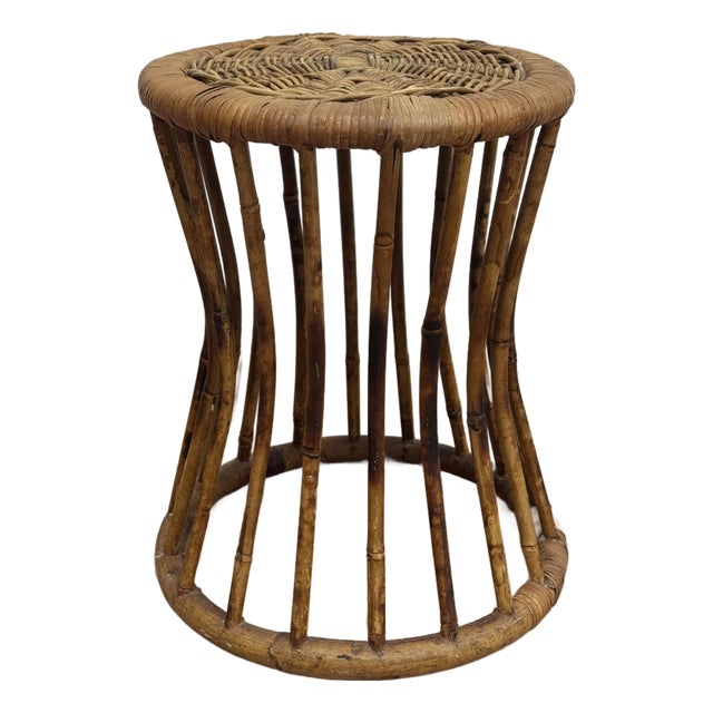 Vintage Scorched Bamboo Woven Wicker Top Stool or Plant Stand For Sale