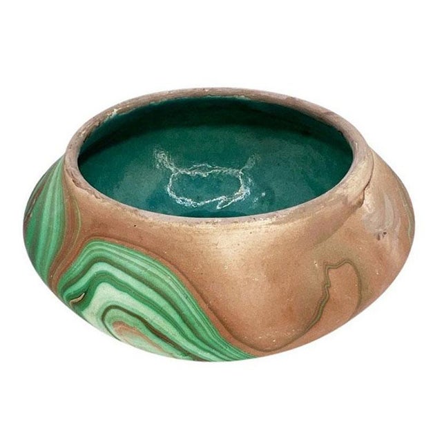 Mid-Century Modern Marbled Roadside Pottery Malachite Look Bowl in With Glazed Turquoise Interior For Sale - Image 3 of 7