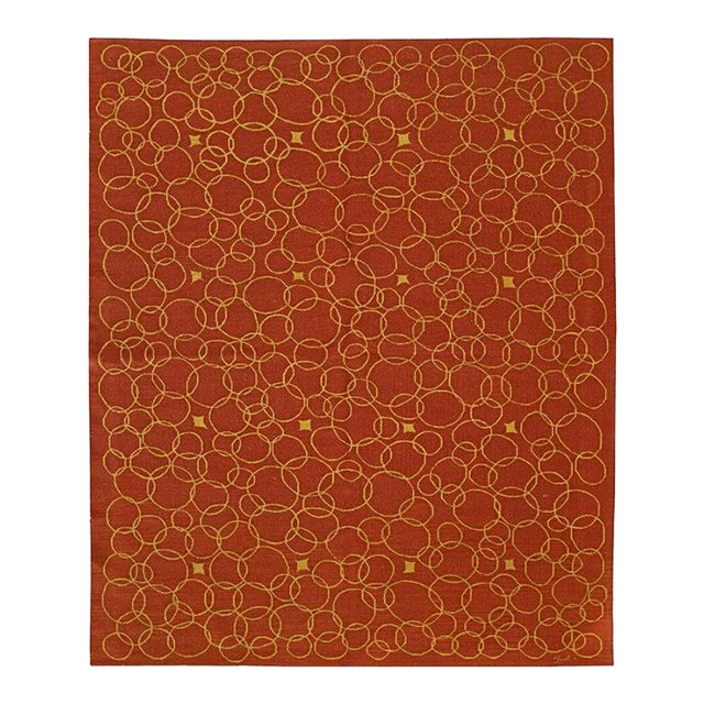 6x8 Red Flat Weave Wool Golden Orb Floating Vintage Mid Century Carpet Rug For Sale