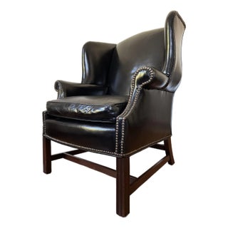 1950s Georgian Style Black Leather Wingback Chair For Sale