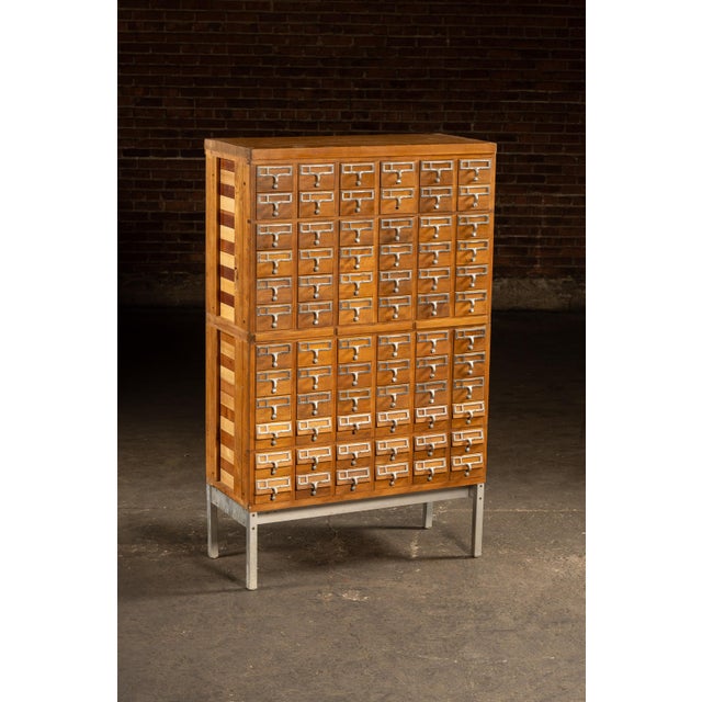 Massive Vintage 72-Drawer Oak Library Card Catalog on Steel Base For Sale - Image 4 of 12