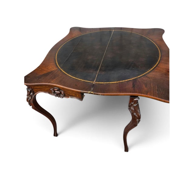 Wood 19th Century French Gabriel Legs Rosewood Inside Black Leather Game Table/Console Table. For Sale - Image 7 of 17