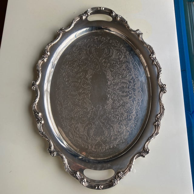 Vintage Wallace Silver Plate" La Reine" Pattern Oval Serving Tray For Sale - Image 9 of 9