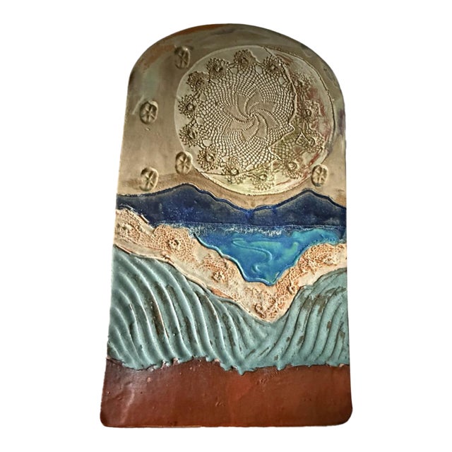 Monumental Mid Century Modern Style Brutalist Studio Pottery Slab Vase Large Lace Impression Ceramic Landscape Centerpiece For Sale