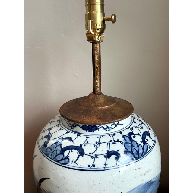 Antique Style Blue Ceramic Lamp With Wooden Base For Sale - Image 11 of 17