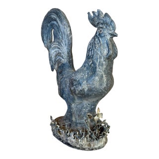 Vintage French Style Cast Iron Rooster Garden Statue With Wrought Iron Floral Base For Sale