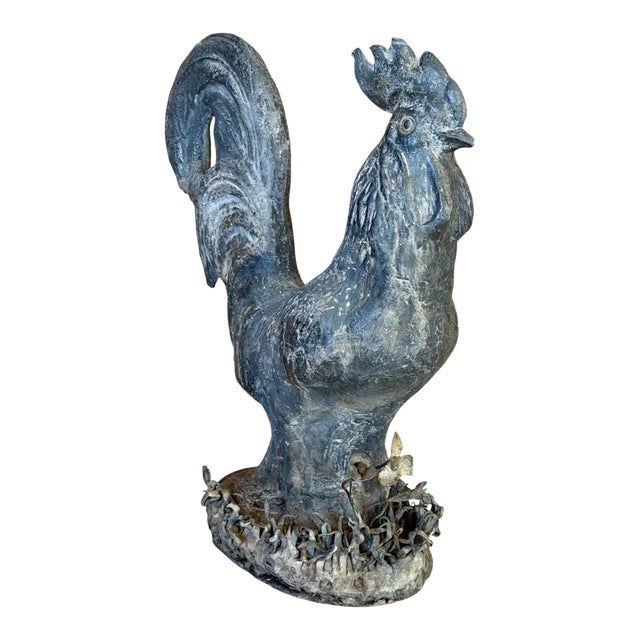 Vintage French Style Cast Iron Rooster Garden Statue With Wrought Iron Floral Base For Sale