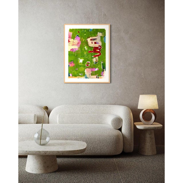 Green Christiane Corcelle "Orquevaux Mossy Whispers" Mixed Media on BFK Paper, Framed Abstract Painting in Moss Green, Pink and Red, 2024 For Sale - Image 8 of 9