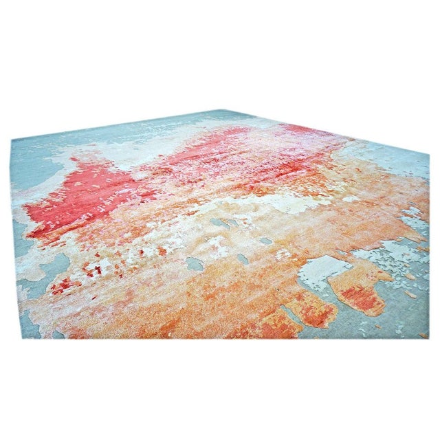 Early 21st Century Modern Nepalese Wool & Silk 9x12 Grey, Orange, & Red Handmade Area Rug #1144036 For Sale - Image 5 of 9