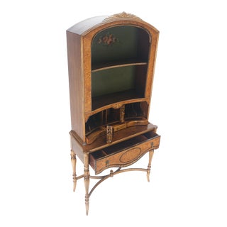 Berkey & Gay Painted Decorated Petit Secretary Display Cabinet with Shelves Burl For Sale
