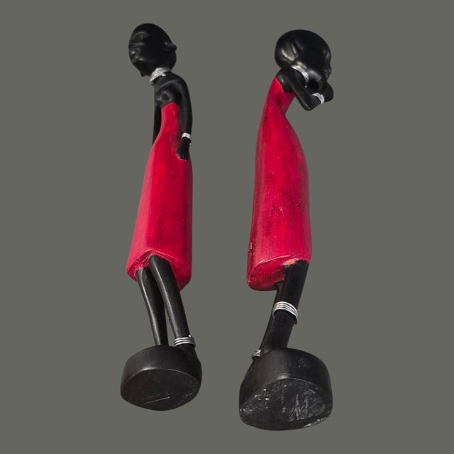 African Figural Couple Carved Painted Wood Tribal Maasi Statuettes For Sale - Image 9 of 10
