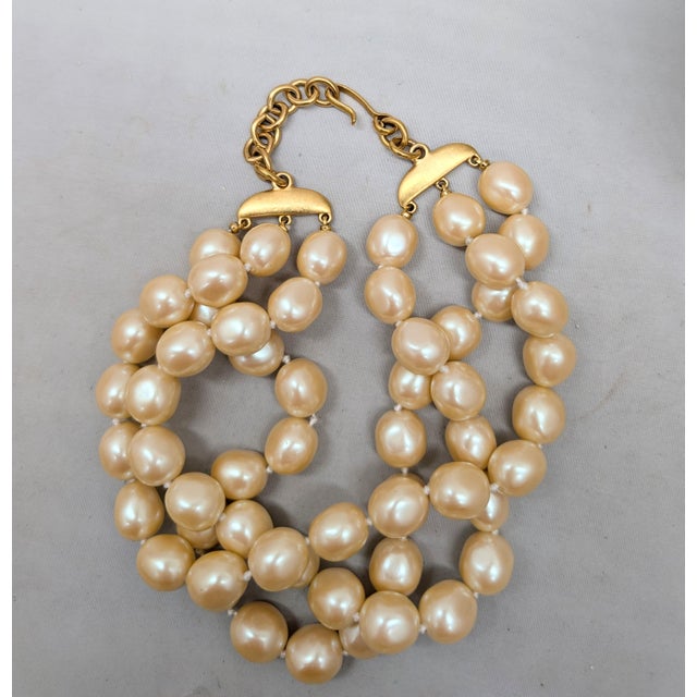 Monet Vintage Signed Monet Goldtone 3-Strand Faux-Baroque Pearl Collar Necklace For Sale - Image 4 of 10