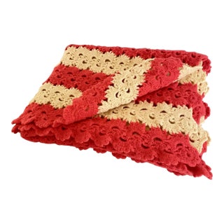 Vintage Hand Crochet Scalloped Afghan Blanket in Red & Cream Wool For Sale