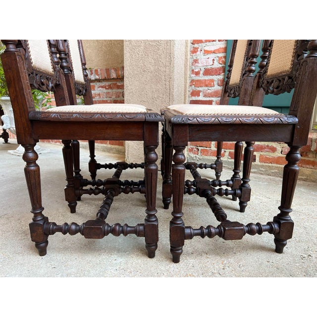 Set 4 Antique French Dining Chairs Renaissance Carved Oak Bird Black Forest For Sale - Image 11 of 12