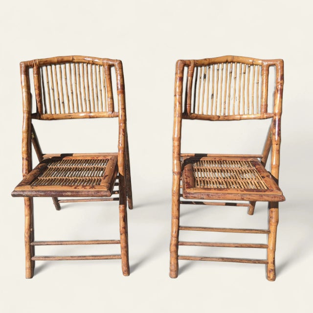 Vintage Coastal Burnt Bamboo Folding Chairs- A Pair For Sale - Image 10 of 13