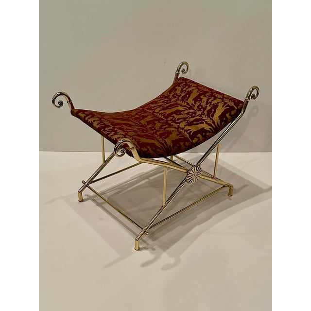 1970s Hollywood Regency Italian Brass Bench With Printed Leather Upholstery For Sale - Image 5 of 12