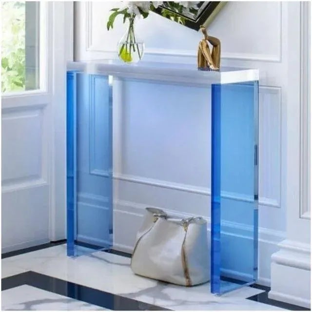 Dimensions :38"w x 12"d x 34"h Material : 3/4 (20 mm) Thick Acrylic transparent blue Acrylic (the legs) the top 3/4”...