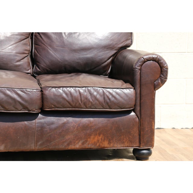 2000 - 2009 Restoration Hardware Brown Leather Three-Seat Sofa | Vintage Modern Down-Filled Cushions For Sale - Image 5 of 18