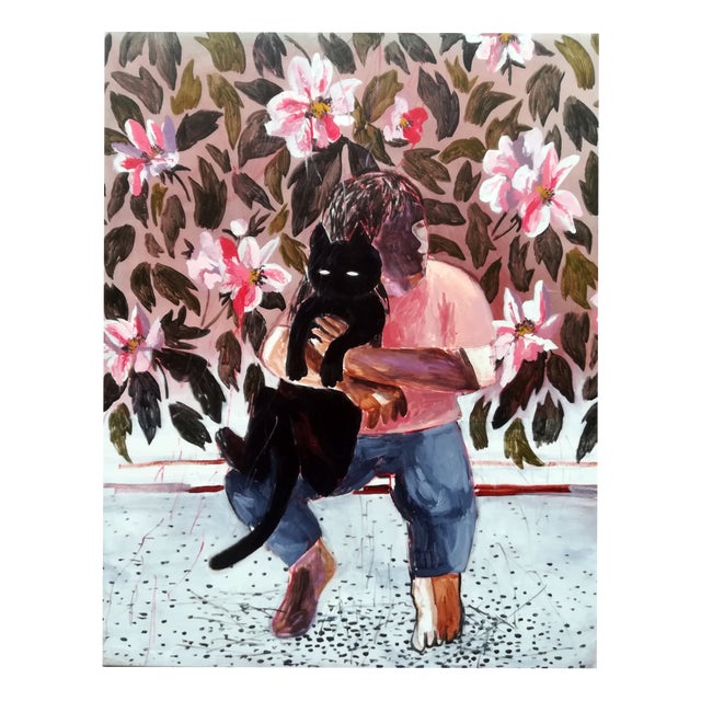 Hanna Ilczyszyn, Boy with a Cat, 2019, Acrylic Painting on Canvas For Sale